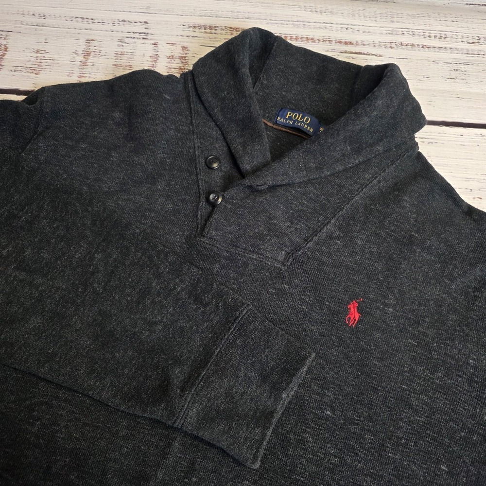 Polo Ralph Lauren Dark Gray Shawl Collar Pullover Sweater Mens XL 100% Cotton